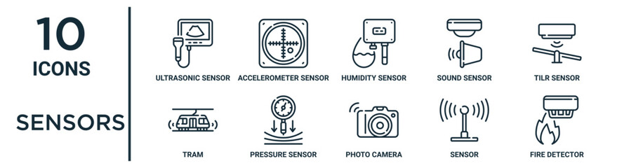 sensors outline icon set such as thin line ultrasonic sensor, humidity sensor, tilr sensor, pressure fire detector, tram icons for report, presentation, diagram, web design - obrazy, fototapety, plakaty