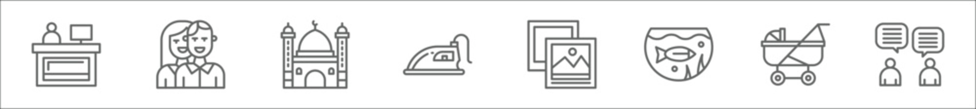 Outline Set Of Family Life Line Icons. Linear Vector Icons Such As Desk, Couple, Mosque, Iron, Photo Album, Fish Tank, Stroller, Talking