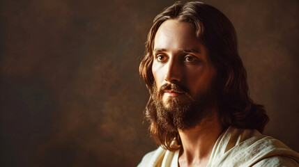 Dramatic portrait of a serious Jesus Christ with expressive eyes, looking at the camera on a dark brown background with space for text
