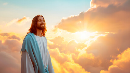 Jesus Christ in the clouds in heaven with open arms Savior. copy space