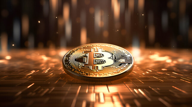 A single Bitcoin coin stands on an illuminated digital grid, casting a soft golden glow, signifying the fusion of technology and value in the cryptocurrency world.