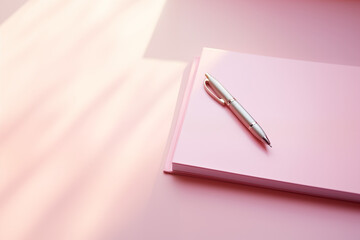  A serene workspace featuring a pink notebook and a silver pen. Ideal for planning, journaling, or jotting down ideas. Ample copy space.