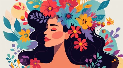 A woman with colorful flowers. Beautiful creative banner for International Women's Day on March 8th