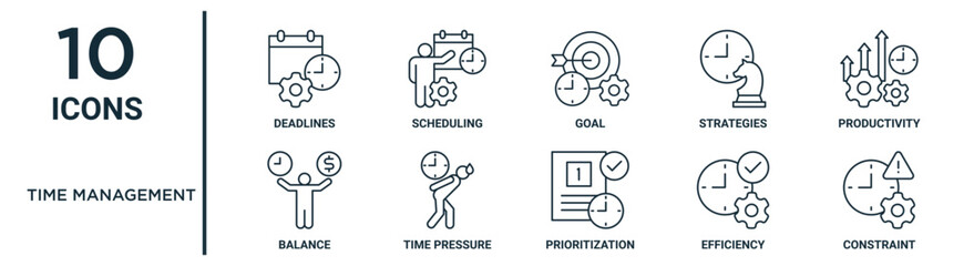 time management outline icon set such as thin line deadlines, goal, productivity, time pressure, efficiency, constraint, balance icons for report, presentation, diagram, web design - obrazy, fototapety, plakaty