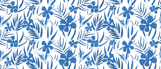 Seamless horizontal pattern with elegant blue leaves and flowers.Pattern on changeable white background. Elegant texture for printing on fabric,paper.Flat illustration style. Floral botanical pattern.