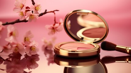 Peach color blush beauty product advertising concept multiple layers of a compact makeup case with cherry blooming