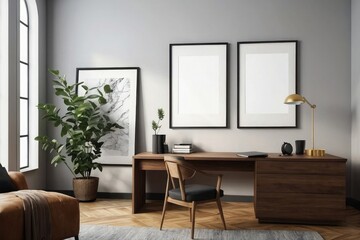 Modern Home Office Mockup - Frame on Living Room Wall, Stylish Interior Design.

