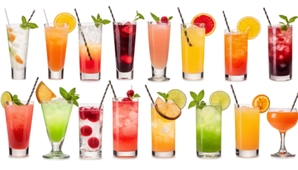 Diverse Collection of Alcohol, Cocktail, and Mocktail Drinks isolated on white background 