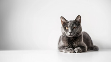 Gray cat on white background silver-blue, or Korat Thai cat Auspicious cat, portrait kitten, background cover banner ads., copy space