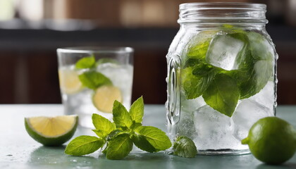 A glass jar filled with fresh lemons and ice cubes, creating a refreshing and citrusy drink