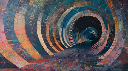 Abstract tunnel of time, with walls that tell a story in shifting patterns and colors