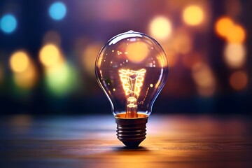 Closeup glowing light bulb isolated on dark bokeh colorful background. Inspiration, motivation for success, think big ideas, leadership concept. World Creativity and Innovation Day April 21