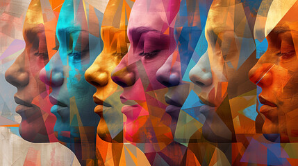 Abstract human faces composed of cascading, colorful geometric shapes background