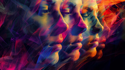 Abstract human faces composed of cascading, colorful geometric shapes background