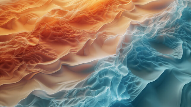 Vibrant clash of ocean waves and desert sands, symbolizing the meeting of two worlds in an abstract art form