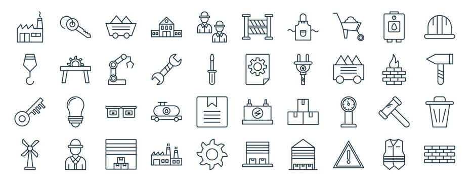 set of 40 outline web industry icons such as key, hook, key, wind turbine, flame, helmet, road block icons for report, presentation, diagram, web design, mobile app