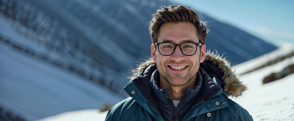 landscape portrait of handsome man against snow mountain