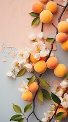 Spring flowers and apricot fruits on light background, apricot and peach color concept