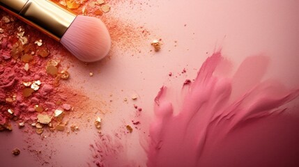 Obraz na płótnie Canvas Pink Makeup Brush and Powder with with creamy brush strokes