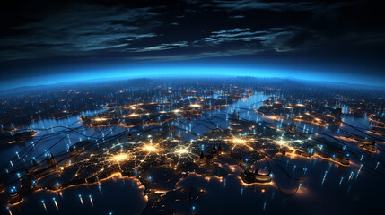 Fototapeta premium city view from above at night with bright blinking lights and blue sky 