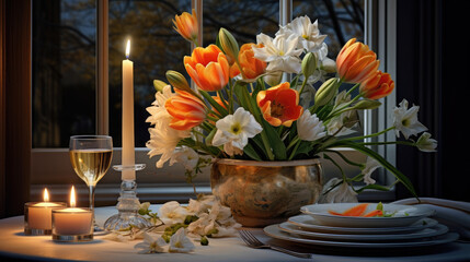 Candles and Flowers: Romantic Scenery in a Restaurant - Ambiance for a Romantic Evening