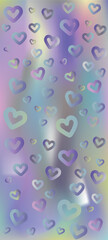 Holographic hearts wallpaper or print for fabric, scarf, shawl, carpet. Iridescent pattern background. Iridescent rainbow holograms. Vector pastel neon color design. steamy effect 