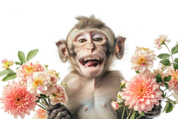 Giggling monkey holding a collection of pastel spring flowers, inspiring a playful and lively spirit, isolated on a white background.