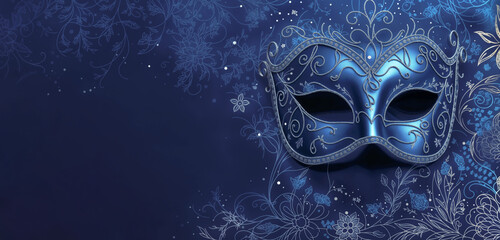 a blue and gold decorative carnival venice mask with a floral background, design template for advertisement, announcement, space for text, celebration, invitation, greeting card, cover, illustration