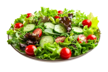 Poster fresh and crisp summer salad including a mixture of leafy greens, cherry tomatoes, cucumbers and a light vinaigrette, healthy vegetarian food concept © Only PNG