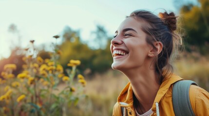 Side view portrait of overjoyed happy young adult woman smiling and having fu laughing in outdoor leisure activity alone with nature in background. Traveler and tourist. People outside enjoying life