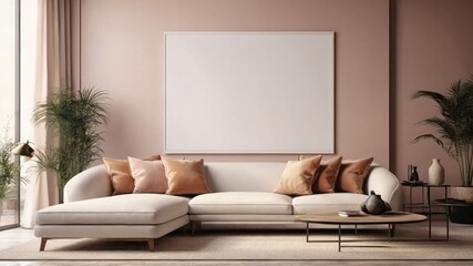 Aesthetic Minimalism: Cozy Living Room with Beige Wall, Elegant Decor, and Stylish Furnishings.




