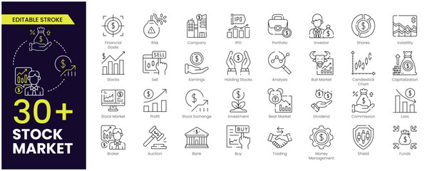 Stock market Stroke icon set. Containing stocks, stock exchange, financial goal, shares, investment, bull market, bear market and investment icons. Outline icon collection. Vector illustration.