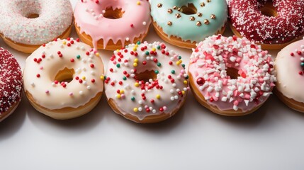 Delicious pink glamorous donuts with glaze on light background. Top view. Generative AI