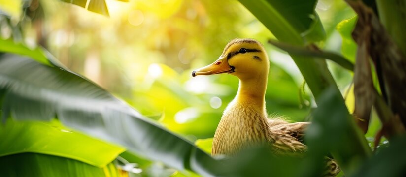 Adorable Duck Standing Behind a Banana Tree in a Beautiful Garden