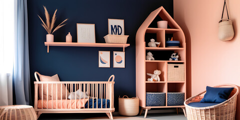 Nursery Serenity: Toddler's Room with Wicker and Bookshelf, Blossoming in Peach and Indigo, Modern Minimalism Style