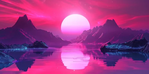 Poster Roze Retro wave and synthwave digital landscape, sunset, mountains. Bright glowing sun above horizon. Volumetric light. Neon grid on ground. 80s 90s Style. Retro futurism.