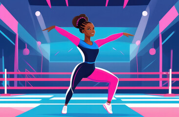 Sporty african american woman in sportswear doing stretching exercise in gym. an athletic girl in a gymnastics leotard for artistic gymnastics stands in the training room. illustration