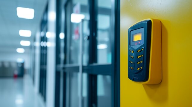 Finger print scan access control system machine on wall near entrance door office generated by ai