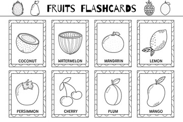 Fruits flashcards black and white set. Flash cards collection for coloring in outline. Learn food vocabulary for school and preschool. Coconut, watermelon, mango and more. Vector illustration