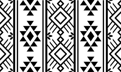 Ethnic southwest tribal navajo ornamental seamless pattern fabric black and white design for textile printing  - obrazy, fototapety, plakaty