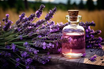 Obraz na płótnie Canvas The lavender essential oil is in a beautiful glass bottle with a lavender bouquet on a wooden bench on a blurred background of a field. Selective focus.