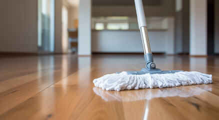 Close-up of a mop cleaning a wooden floor in a house