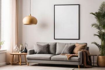 Aesthetic Minimalism: Cozy Living Room with Beige Wall, Elegant Decor, and Stylish Furnishings.




