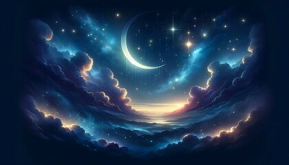 Beautiful night sky for Muslims, Ramadan night, eid mubarak.