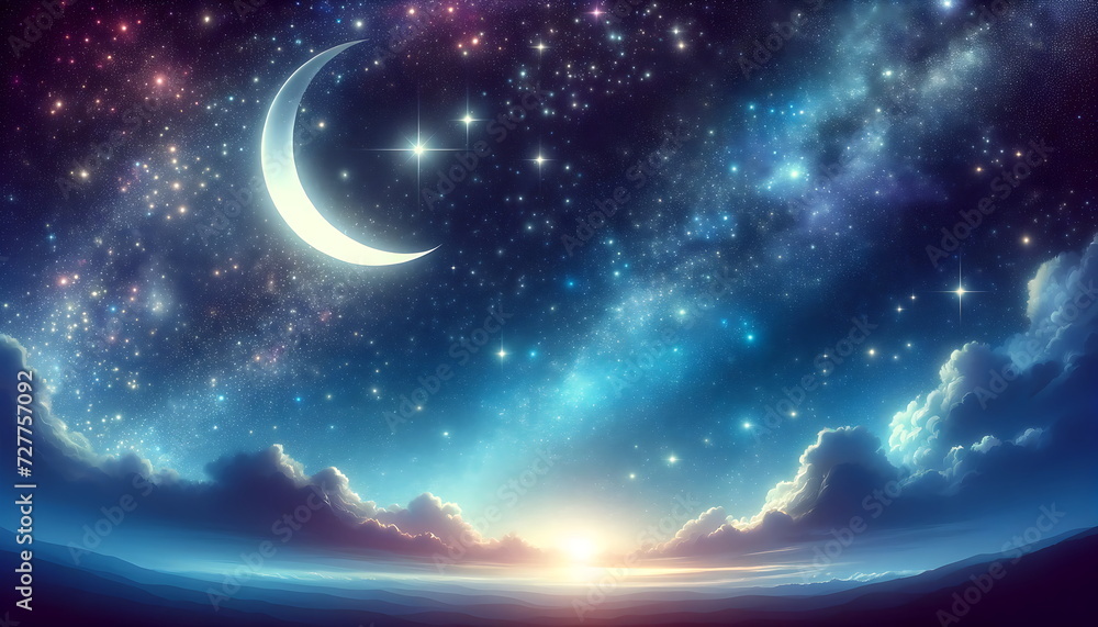 Wall mural beautiful night sky for muslims, ramadan night, eid mubarak.
