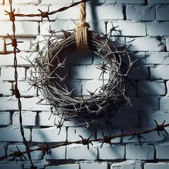 Old barbed wires and white brick wall against blue sky