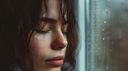 Fototapeta na wymiar Exhausted and sad woman alone at home near the window with closed eyes and depressed expression on face. Closeup portrait of adult female people with sadness. People and mental burnout problems life