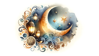 Watercolor of mosque, lantern, cresent moon, stars, plant and flower. Eid Mubarak for gift card