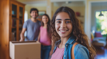 College time. Education. Young female college student moving her stuff out of home to a college. Her smiling parents helping in the background.