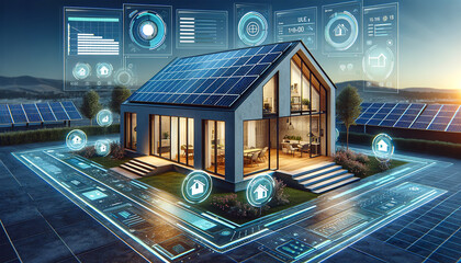 Modern eco-friendly house with solar panels, smart home technology interface against a sunset landscape,showcasing sustainable living and futuristic energy management.Smart home concept.AI generated. - obrazy, fototapety, plakaty